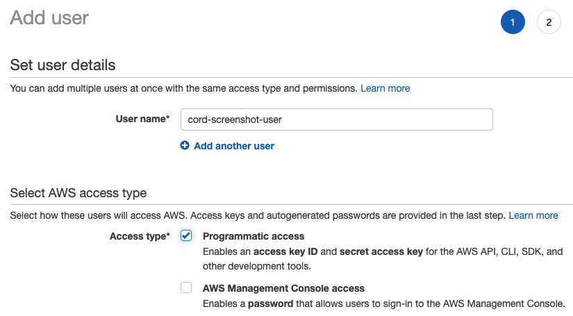 A screenshot of an AWS configuration screen for creating am IAM user