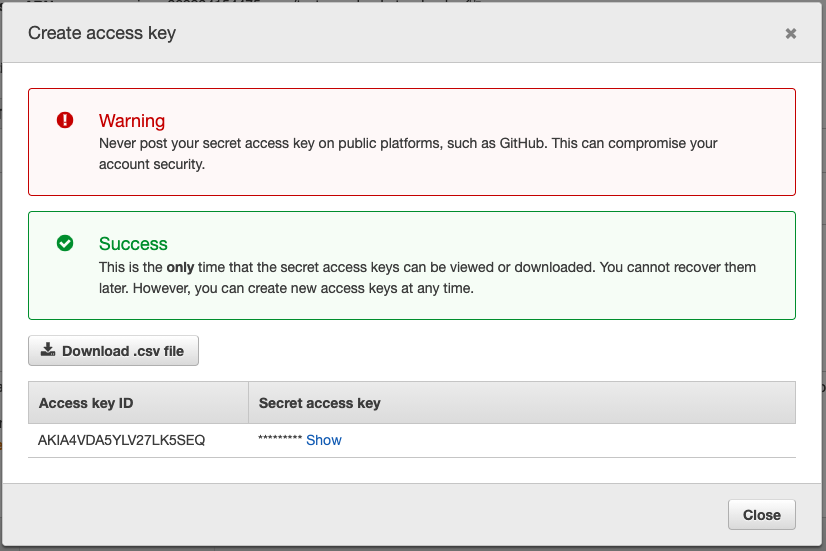 A screenshot of an AWS UI for creating an access key